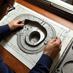 **Mold Designer as Detective:** A mold designer meticulously analyzes a mold, identifying and solving potential manufacturing problems like a detective solving a case, using tools and drawings.