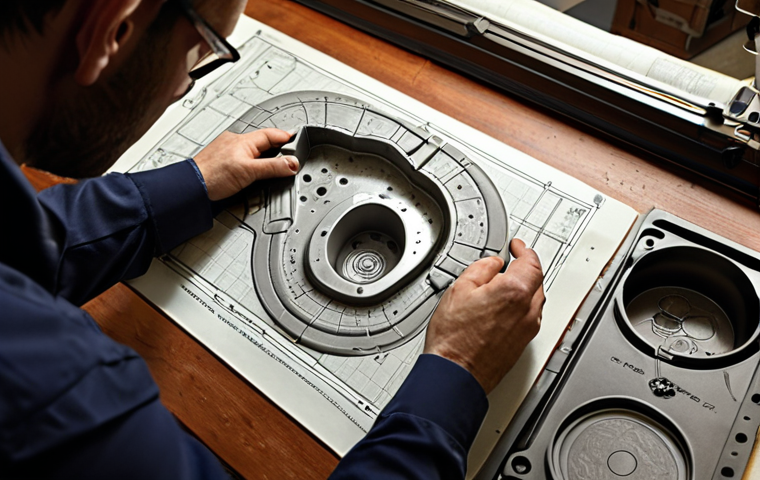 **Mold Designer as Detective:** A mold designer meticulously analyzes a mold, identifying and solving potential manufacturing problems like a detective solving a case, using tools and drawings.