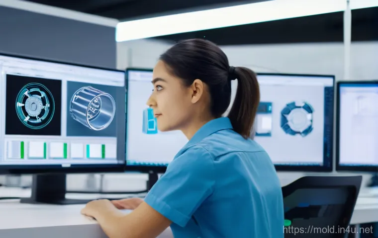 금형설계기능사 취득 후 직무 적응 방법 - A young, focused mold design technician, wearing a clean workshop uniform and safety glasses, stands...